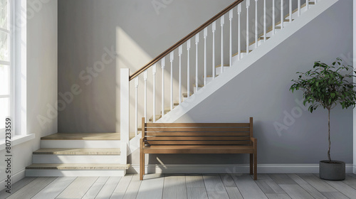 Conception banc en bois intérieure et décoration avec escalier
