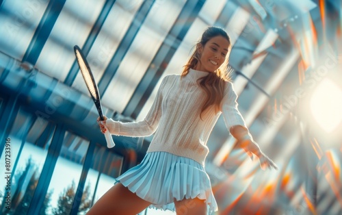 Energetic Young Female Model in Chic Tenniscore Attire at Sunlit Country Club