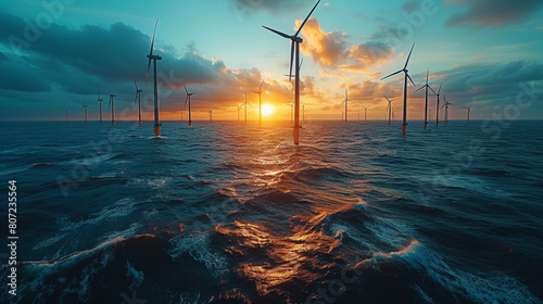 Stormy seascape: offshore wind farm, wind turbines stand tall against a sunset over a blue ocean.