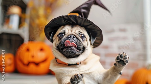 Little pug dog happily dressed in a fancy witch hat and rejoices in Halloween