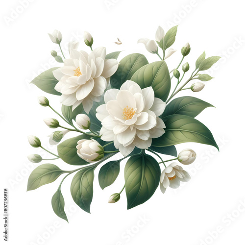 Delicate white jasmine flowers with vibrant green leaves, exuding elegance and natural beauty.