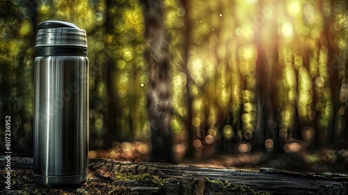 A sleek stainless steel thermos The backdrop features a sunlit forest with blurred trees, Generative AI