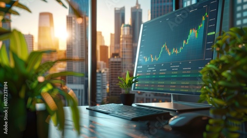 Sustainable Investing Focus: Modern Financial Office with City View and Eco-Friendly Investment Charts
