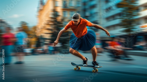 Urban Trendsetter: Young Male Fusing Tenniscore Fashion with Skateboarding in the City