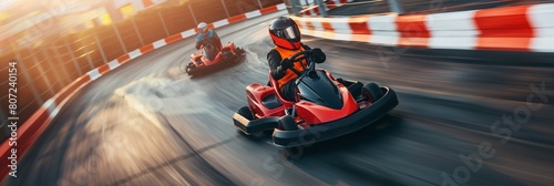 An adrenaline-fueled image capturing the speed and excitement of a go-kart racer zooming around the track, helmet visible