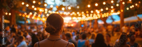 Woman from behind gazing at a festive outdoor scene warmly lit by strings of lights, exuding a sense of community and enjoyment
