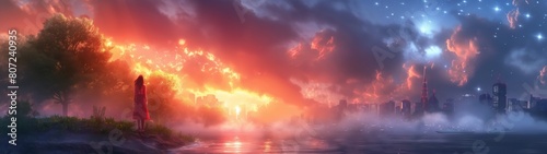 panoramic background for double screen or banner of a woman stands in front of a tree with a red dress. The sky is filled with clouds and the sun is setting.