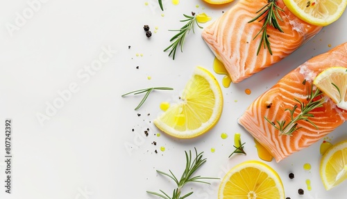 Salmon fish slice with lemon and rosemary on white background with space for text Overhead shot
