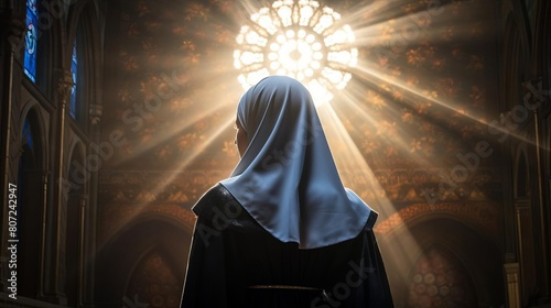 A nun stands in a church, her face hidden by her veil. The light from the stained glass window shines down on her, creating a halo around her head. She is wearing a brown robe.