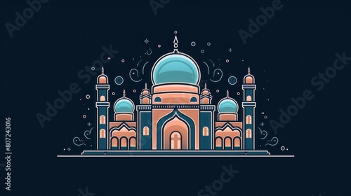 Modern Mosque Building Vector Illustration. line art style concept