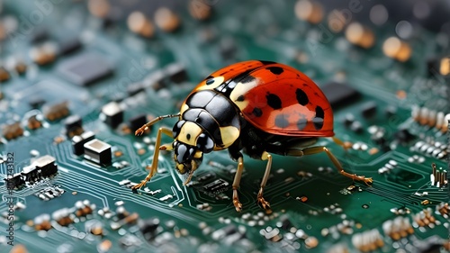 Concept of a computer bug with a ladybug perched on computer circuitry, along with ideas for diagnosing and troubleshooting