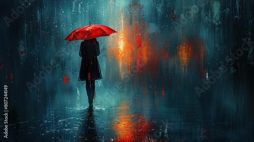  A woman holds a red umbrella in a dark and eerie setting