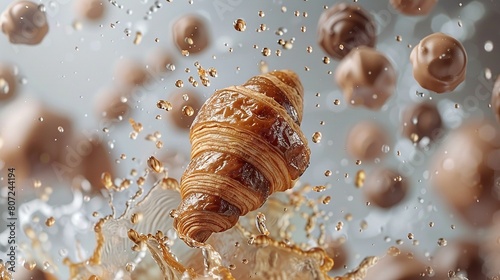  A croissant falls into water with many bubbles beside it and is positioned prominently in the image
