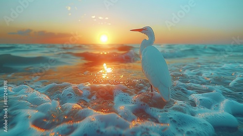  A white bird stands atop a sandy beach beside a body of water during sunset, with the sun in the background
