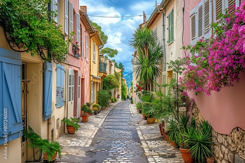 Colorful Street in Historic European Town, colorful houses and flowers
