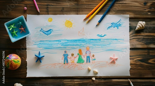 A drawing of a family on a beach with a man holding hands with two children