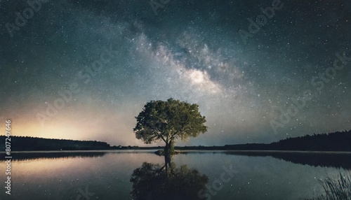 A lone tree stands reflected in a still lake under a brilliant Milky Way galaxy, creating a serene and cosmic night scene.