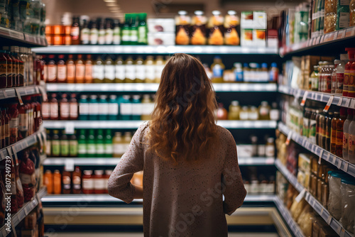 Informed consumer behavior: woman comparing products in grocery store