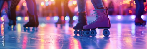 A dynamic shot focuses on roller skating feet, capturing the fun and freedom of a disco-themed skating rink with colorful lighting
