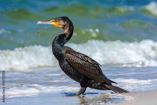 Double Crested Cormorant Drying on the Shore of Gulf of Mexico, Florida. Beautiful Wading Bird