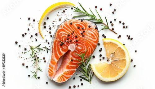 Top view of a red fish salmon slice with lemon rosemary and peppercorns on white background