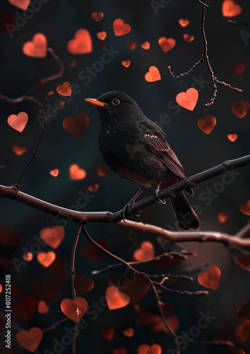  a little thrush, surrounded of hearts