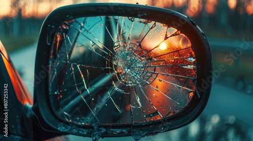 Broken Car Mirror Shattered Into Pieces - Concept of Road Accident, Damage to Automobile Side