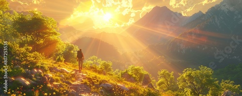A lone hiker stands on a mountain peak, gazing at a colorful sunrise