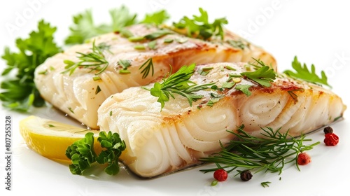 Delicious and healthy cod fish fillet with lemon and herbs.