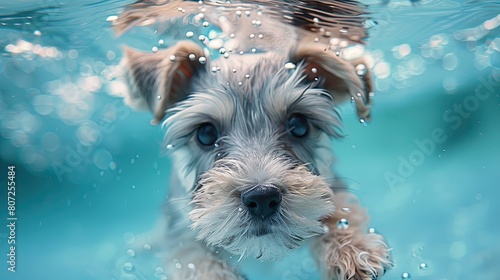 Schnauzer dog swimming in the water. Underwater portrait.