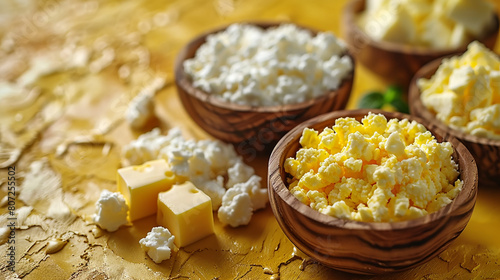 Assorted dairy products yellow textured background. Cottage cheese, sour cream, butter