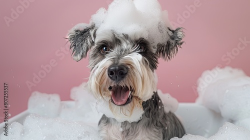 Schnauzer dog sits in a bathtub with plenty of foam on his head.