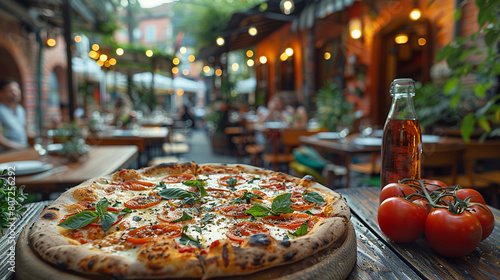 Fresh tomatoes basil pizza served at outdoor cafe restaurant during evening with warm lighting