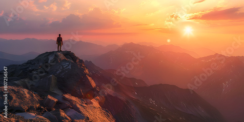 Hiker stands at the summit of a difficult mountain climb to be greeted with a beautiful view of the