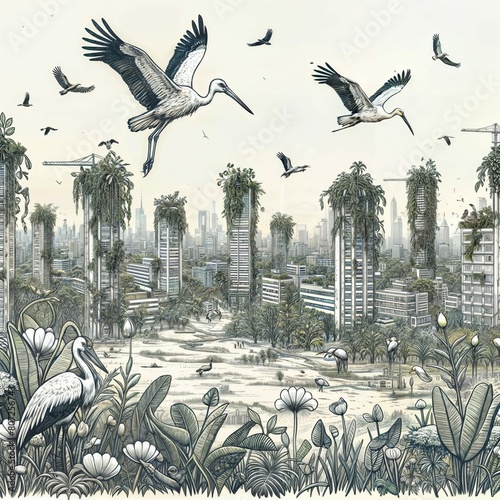 An abandoned city near which birds fly by, Generative Ai