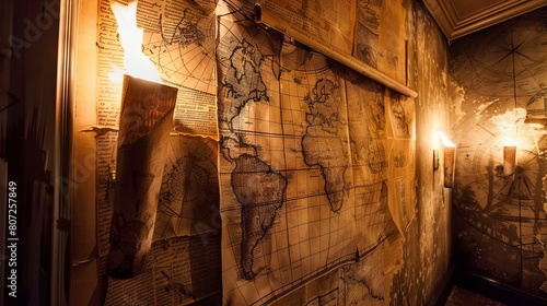 old cloth map hanging on wall with torches on both sides in a dark room --ar 16:9 --style raw --weird 900 