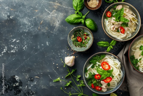 Traditional Vietnamese noodle soup pho in bowls on a concrete background Close up of beef and chicken pho Asian Vietnamese cuisine dinner Top vie