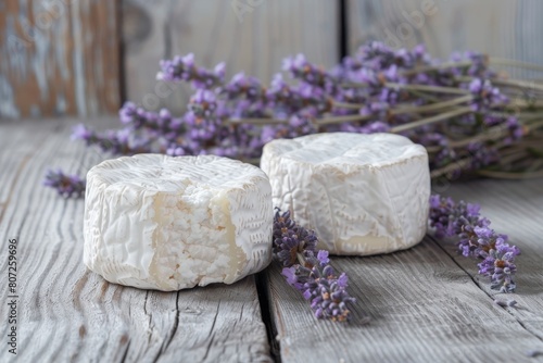 Two French goat cheeses on wooden background with lavender