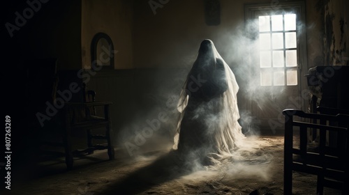 A ghostly figure in a dusty, cobweb filled room