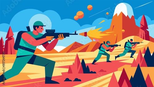 As competitors make their way through the course they must navigate through challenging terrain and adversaries shooting back with bright paint. Vector illustration