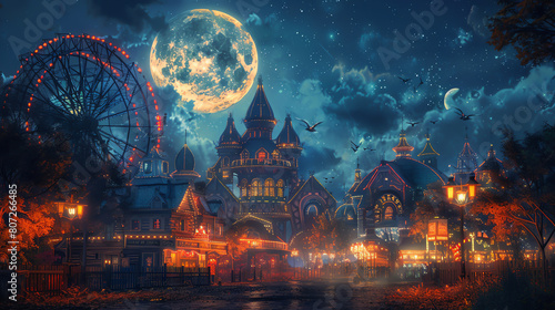 A 3D horrorthemed carnival with haunted houses, spooky rides, and ghostly performers, under a full moon