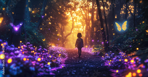 Child walks on path in fantasy forest at night, magical neon glowing flowers on dark woods background. Theme of wonderland, light, fairy tale nature, kid, park,