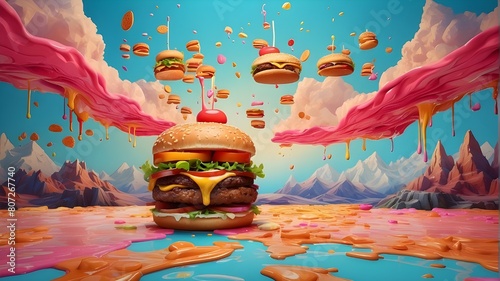 An innovative wallpaper design merges a surreal concept with vibrant, melting aesthetics, showcasing a creative burger theme. With ample blank space for text, it offers an ideal backdrop for customiza