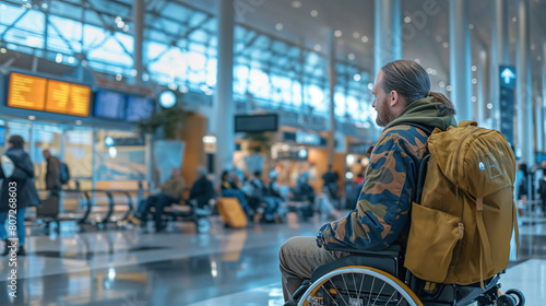 Within the confines of a bustling airport terminal, a traveler with diverse abilities utilizes assistive technology to stay connected through email communication, exemplifying the