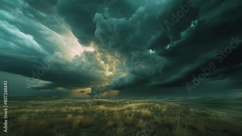 Incredible supercell spinning across Wyoming, sky full of dark storm clouds, 4K realistic, wide angle, ominous lighting