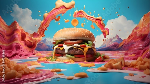 An innovative wallpaper design merges a surreal concept with vibrant, melting aesthetics, showcasing a creative burger theme. With ample blank space for text, it offers an ideal backdrop for customiza
