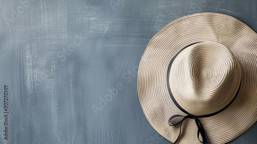 Beige Sun Hat with Black Ribbon on Textured Blue Background
