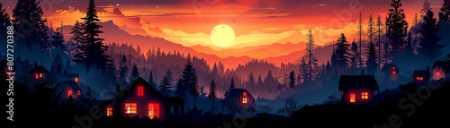Vibrant 3D cartoon village at sunset, silhouettes of houses, orange sky background