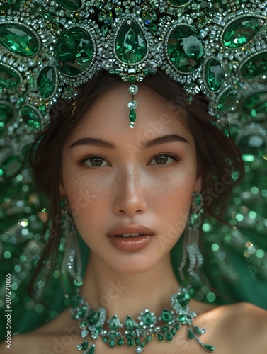 Close-up portrait of an Asian woman adorned with an green jeweled headdress, emerald