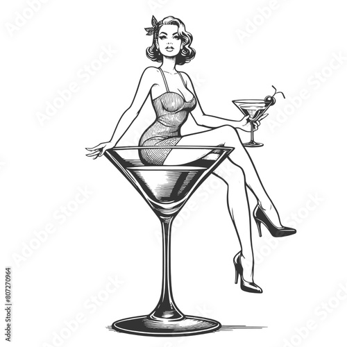 retro pin-up girl enjoying a martini alcohol glass, epitomizing vintage charm and cocktail culture sketch engraving generative ai vector illustration. Scratch board imitation. Black and white image.